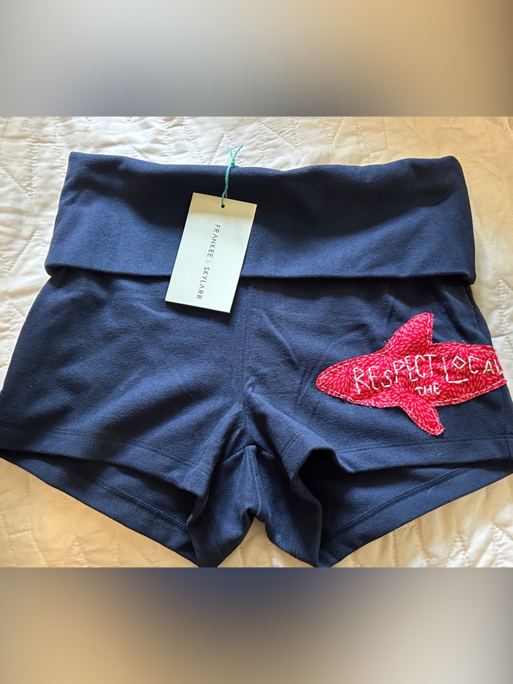 FRANKEE & SKYLARR Navy Yoga Foldover Shorts with Red Shark Patch